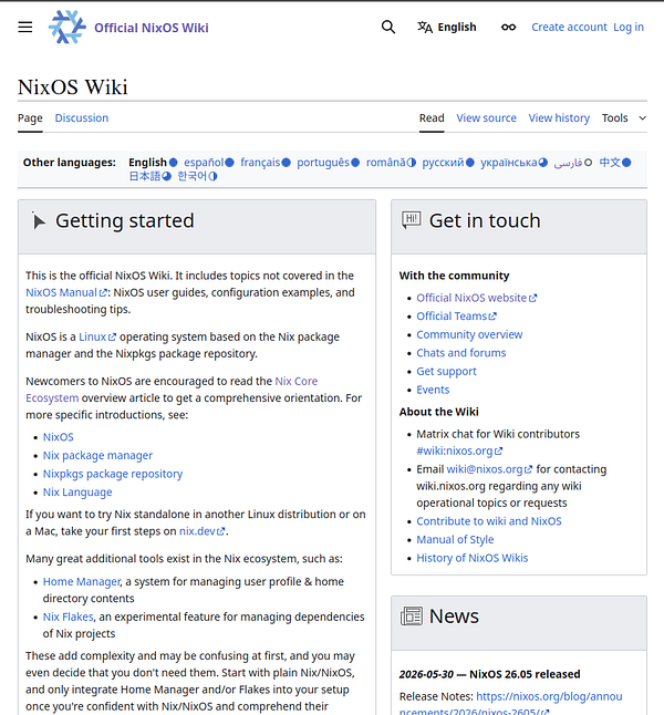 Screenshot of a NixOS usage page highlighting various Nix commands and package search functionalities in a terminal window on a Linux desktop.