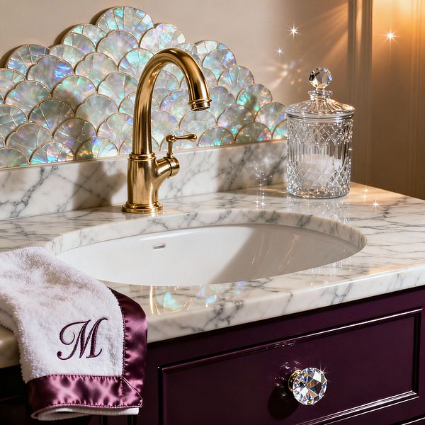 A vintage glam laundry sink vignette shows a white marble countertop with an oval undermount basin and a polished brass gooseneck faucet. An iridescent mother-of-pearl scallop backsplash with gold outlines shimmers against warm ivory walls, while a deep plum cabinet with a faceted crystal knob and a cut-crystal lidded jar add sparkle; a white towel with plum satin trim is draped on the counter edge.