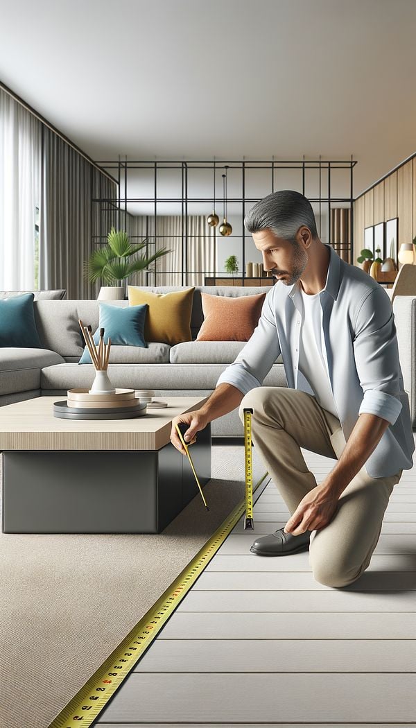 An interior designer measuring the clearance between a coffee table and surrounding sofas in a living room with a measuring tape.