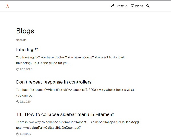 A minimalist blog page listing posts with titles, descriptions, and dates in a clean, simple style.