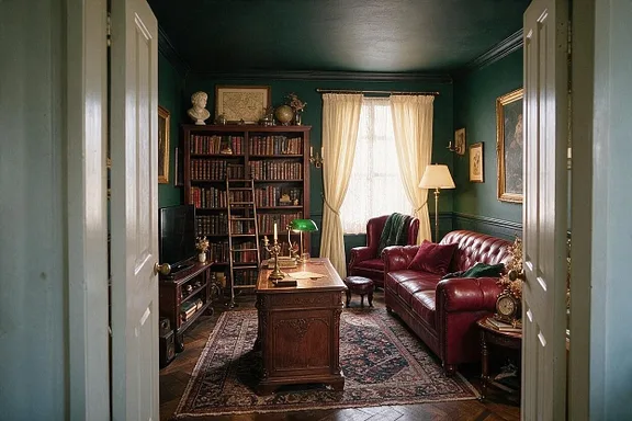 A Dark Academia living room in the Library Green palette