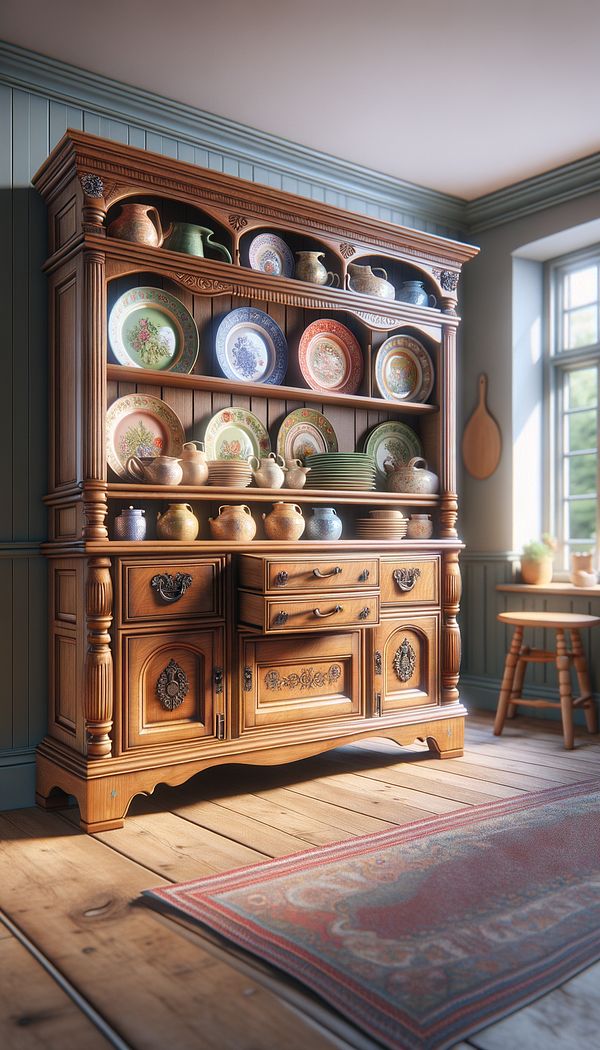 A traditional wooden Yorkshire Dresser in a bright kitchen, displaying colorful plates on its shelves and concealing kitchen essentials within its drawers and cupboards.