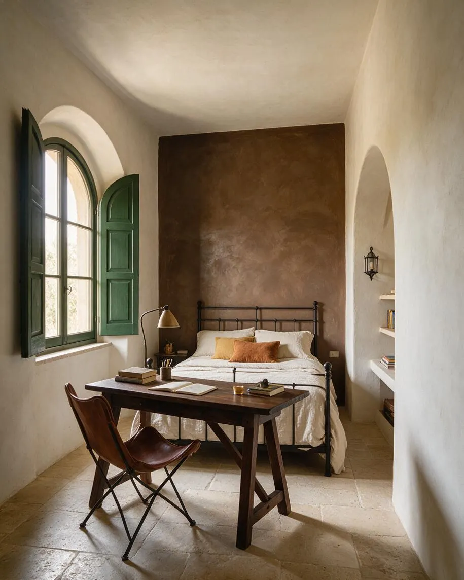 A narrow Mediterranean-style kids' room with white plaster walls, a tall arched window with dark green shutters, and a textured brown accent wall behind a black metal bed. A dark wood desk with a leather folding chair sits in the foreground, while small built-in wall shelves and a lantern-style sconce add charm.