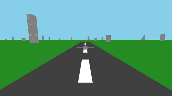 A simplistic 3D landscape featuring a road and abstract buildings.