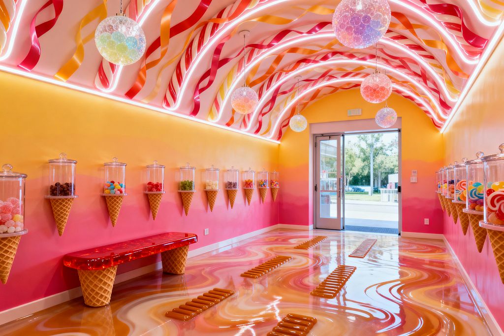 A candy-themed mudroom features a curved ceiling lined with LED-lit swirls of pink, red, and orange ribbons, ombré yellow-to-fuchsia walls, and rows of clear glass jars set into waffle-cone brackets. A translucent red bench with cone-textured legs sits on a glossy sherbet-swirled epoxy floor punctuated by raised caramel-colored treads, while bubble-like pendant globes and a glass door brighten the playful, polished space.