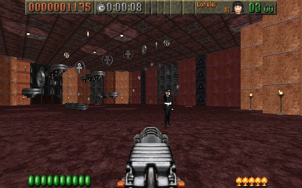 A first-person perspective from the game 'Rise of the Triad' featuring a character in a stylized environment.