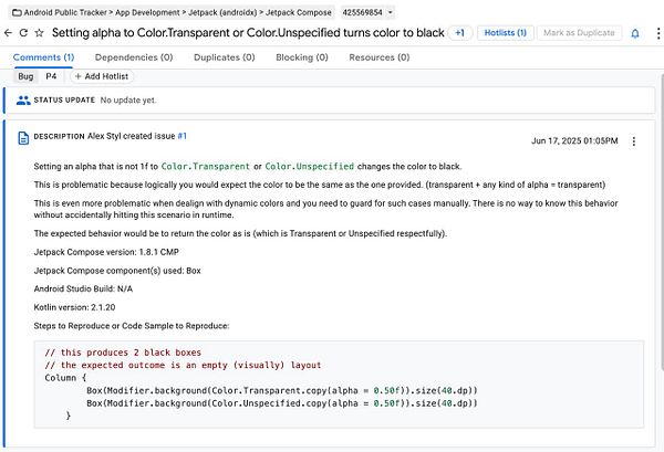 A bug report detailing an issue with Jetpack Compose related to color transparency and alpha settings.