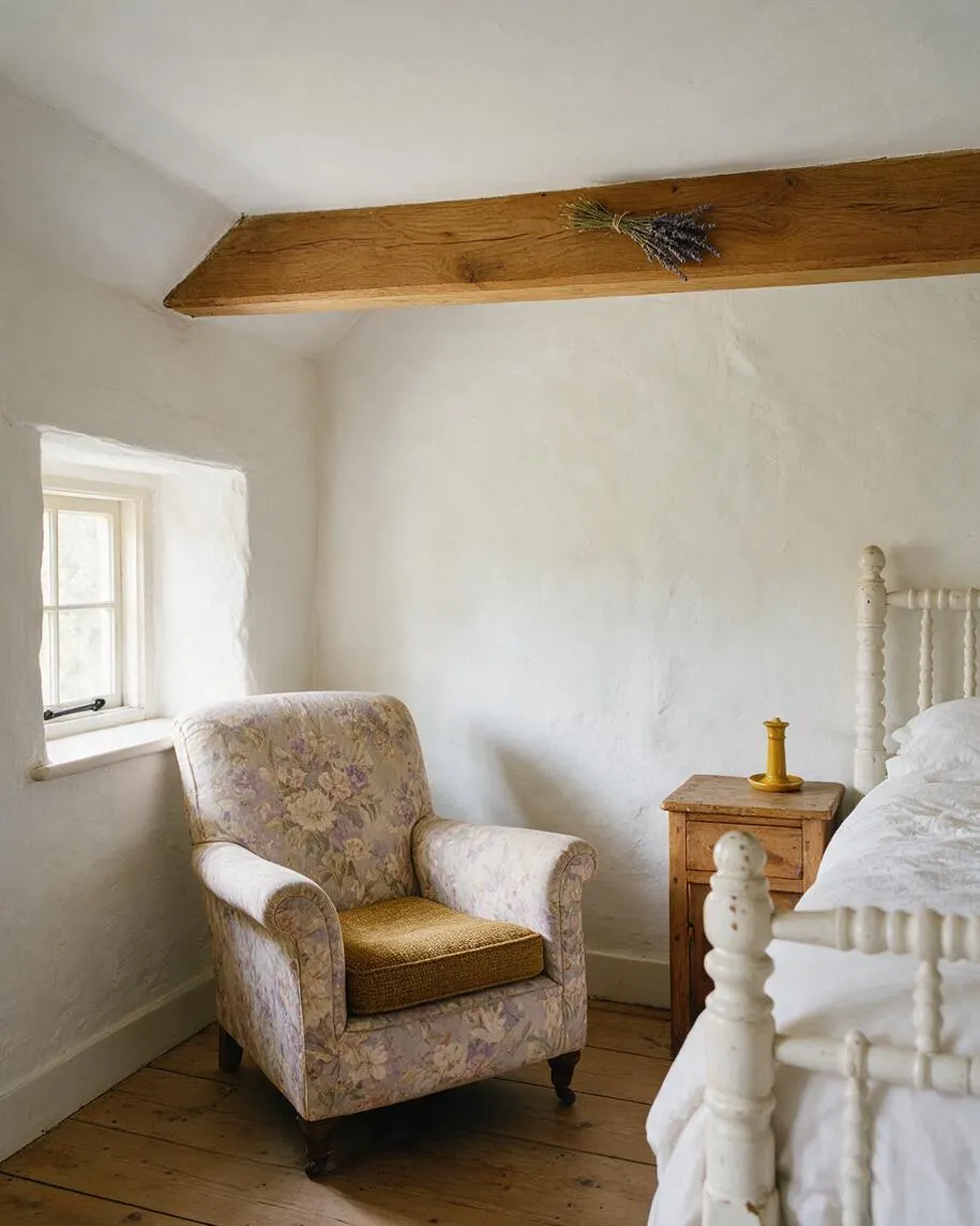 A charming cottage-style bedroom with whitewashed plaster walls, a rustic wood beam overhead, and a small window bringing in soft natural light. A floral upholstered armchair with a woven seat cushion sits beside a simple wooden nightstand and a white painted spindle bed, creating a warm, nostalgic atmosphere.