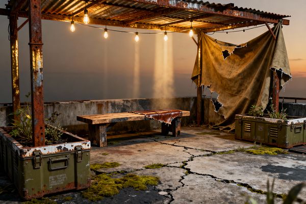 Rooftop patio with a rusted corrugated metal canopy strung with warm Edison bulbs. A rough reclaimed wood bench holds a torn leather hide on a cracked concrete floor with patches of green moss. Military-green metal crates serve as planters at both sides, and a tattered canvas tarp hangs from the frame as a windbreak. A low, stained parapet borders the space against a hazy sunset sky.