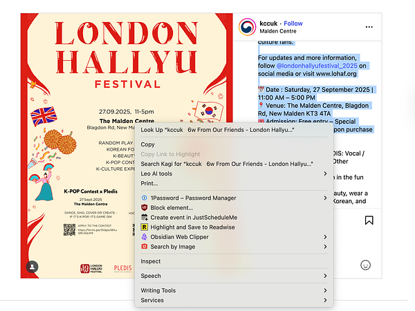 The image features a promotional poster for the London Hallyu Festival alongside a browser context menu for creating an event.