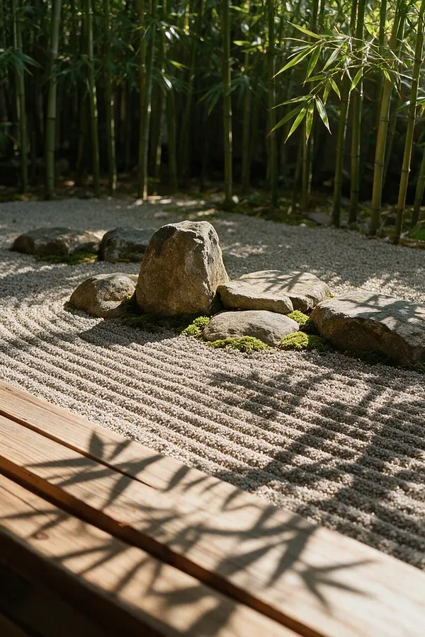 A Japanese Zen garden with a bed of raked gravel, several weathered rocks arranged in a calm composition, and a dense bamboo grove in the background. A wooden deck runs along the bottom edge, catching soft leaf shadows in warm sunlight.