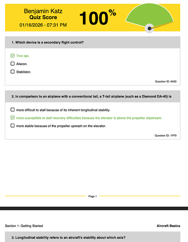 Screenshot of an aircraft behavior multiple-choice quiz question on a mobile app.