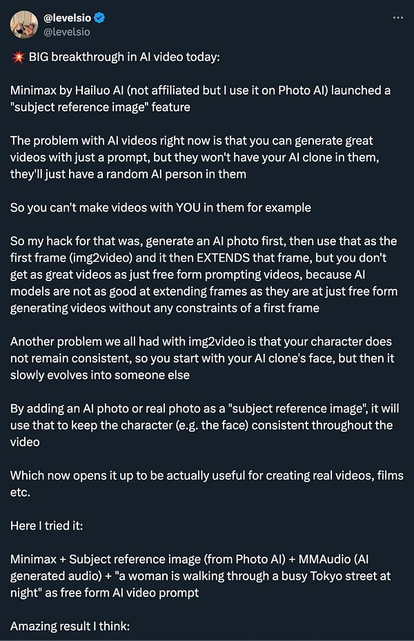 A tweet discussing a breakthrough in AI video technology featuring a new 'subject reference image' feature.