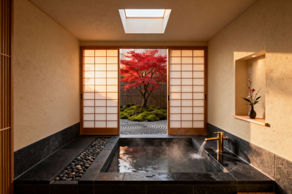A serene Japanese-style bathroom centers on a sunken stone onsen tub with steaming water and a brushed brass spout, surrounded by black basalt and a channel of smooth river pebbles. Warm beige plaster walls, a skylight, a recessed alcove with an ikebana vase, and sliding shoji screens open to a Zen garden of raked gravel, moss mounds, and a vivid red Japanese maple behind a bamboo fence.