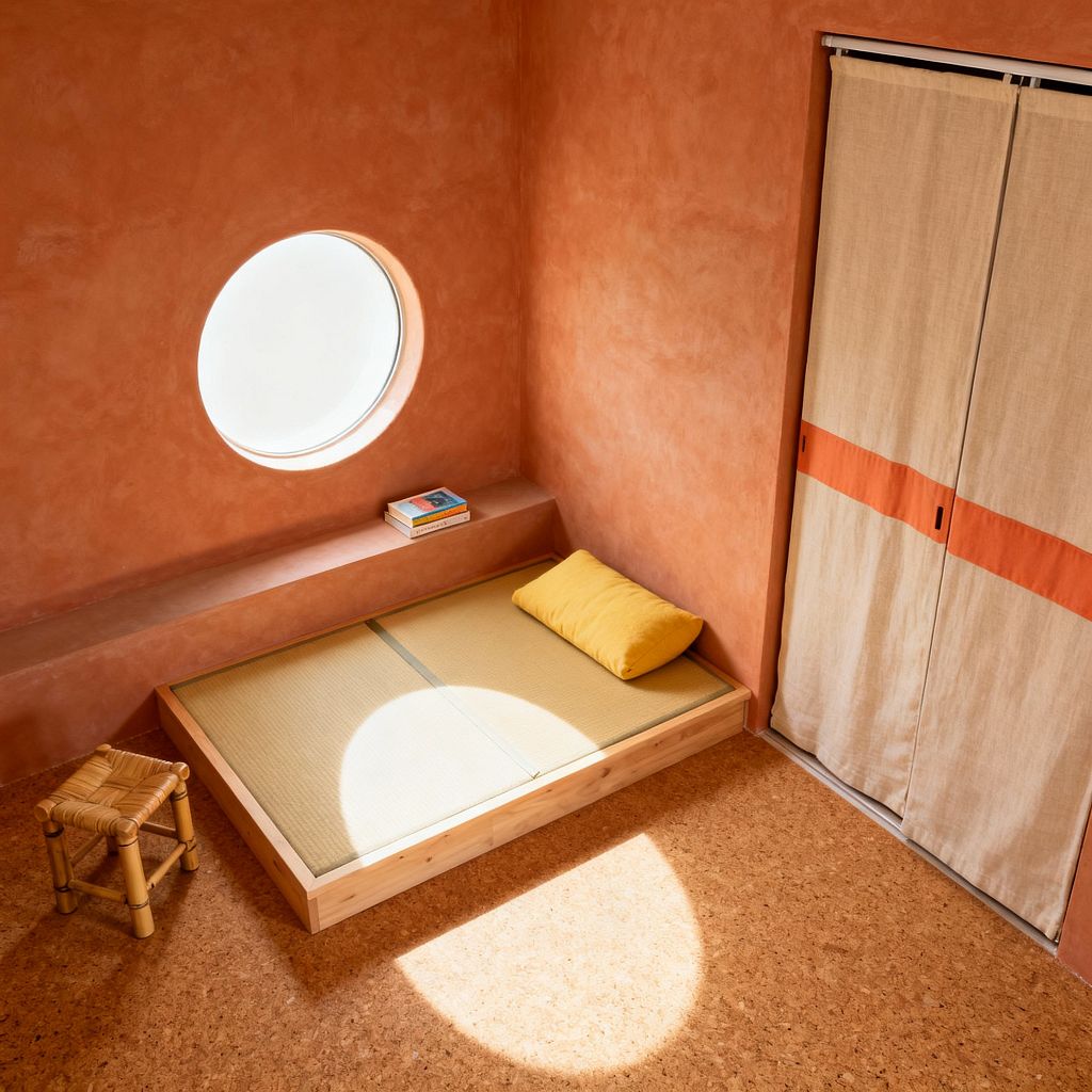 A minimalist children’s room with warm terracotta plaster walls and cork flooring. A low light-wood platform bed holds a straw-colored tatami mat with a mustard pillow beside a circular window that casts a bright pool of light on the floor. A built-in wall ledge displays two books, a small woven stool sits near the bed, and sliding linen panels with an orange band conceal storage.
