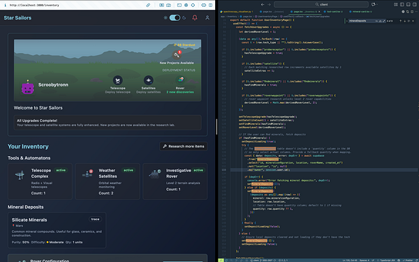 The image displays a user interface for a game or application called 'Star Sailors' alongside a code snippet related to inventory management.