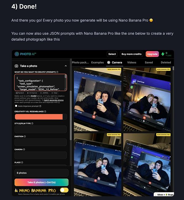 The image displays a user interface for the Nano Banana Pro application, showcasing a photo generation task with examples of generated images.