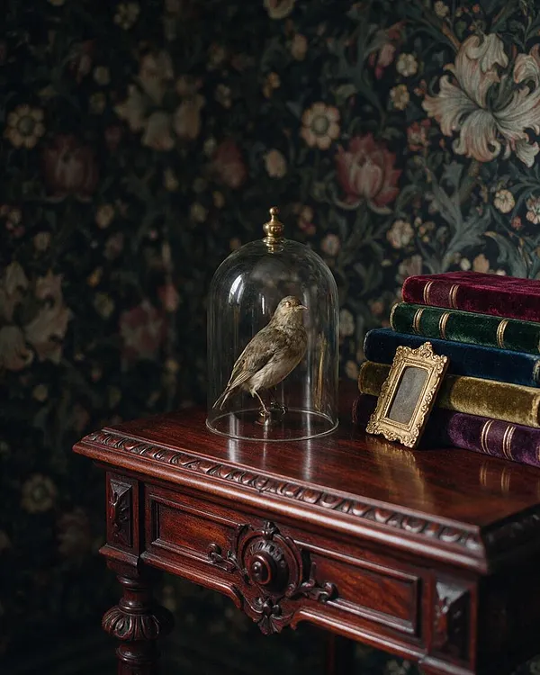 A Victorian-style wooden table with ornate carved detailing holds a small bird preserved under a glass cloche. Beside it sits a stack of jewel-toned velvet books and a decorative gold picture frame, set against a dark floral wallpaper backdrop.