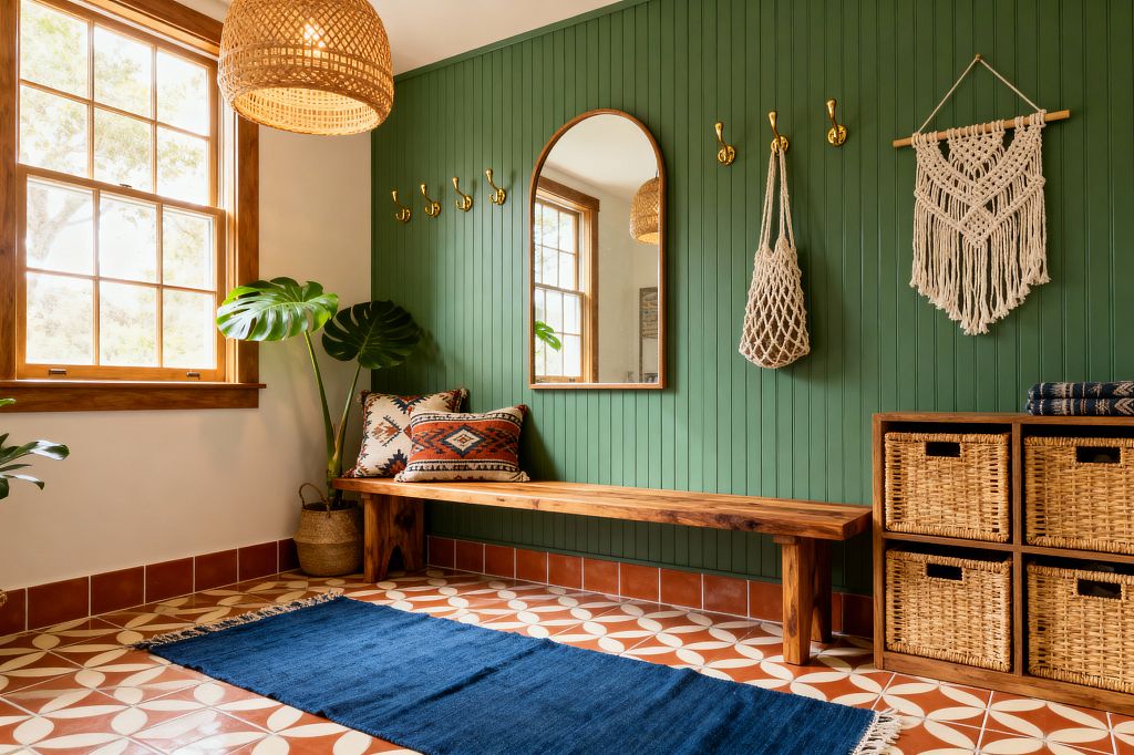 A light-filled mudroom with a forest green beadboard wall features a long natural wood bench beneath an arched wood-framed mirror and brass hooks. A cotton macramé wall hanging, rattan pendant, woven storage baskets, terracotta-and-white patterned floor tiles, a deep blue runner, kilim pillows, a monstera plant, and wood-trimmed windows complete the warm, bohemian look.