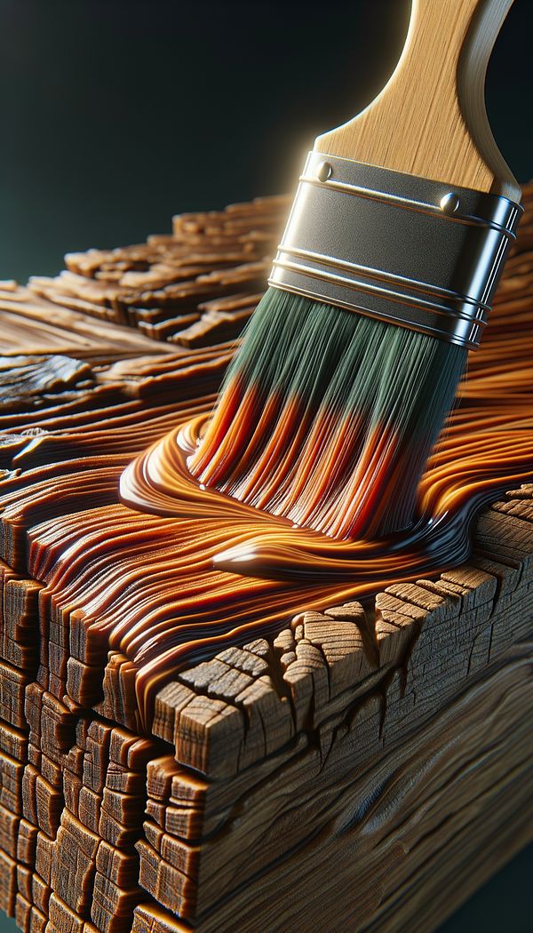 a piece of wood being stained by a brush, showcasing the change in color and enhancement of the wood's grain