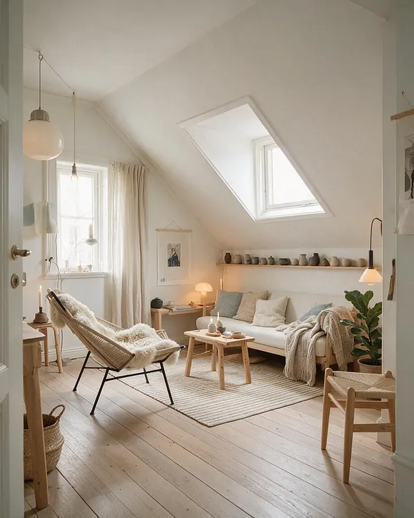 A bright Scandinavian-style studio apartment with sloped white ceilings, a large skylight, and two windows with sheer curtains. The room features a low sofa, a woven lounge chair with a sheepskin throw, light wood tables and chairs, a striped rug, warm lamps, and pottery displayed on a floating shelf.