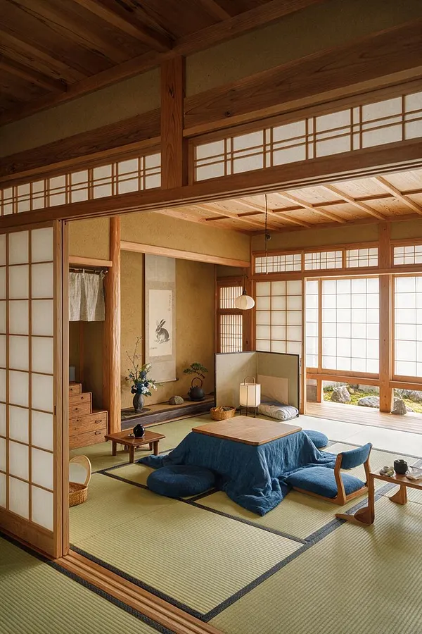 A Japanese Zen-style nursery with tatami mat flooring, warm wood framing, shoji screens, and a low central play table covered in blue fabric. Cushions, a small lamp, woven baskets, and minimalist decor create a calm, natural space filled with soft daylight.