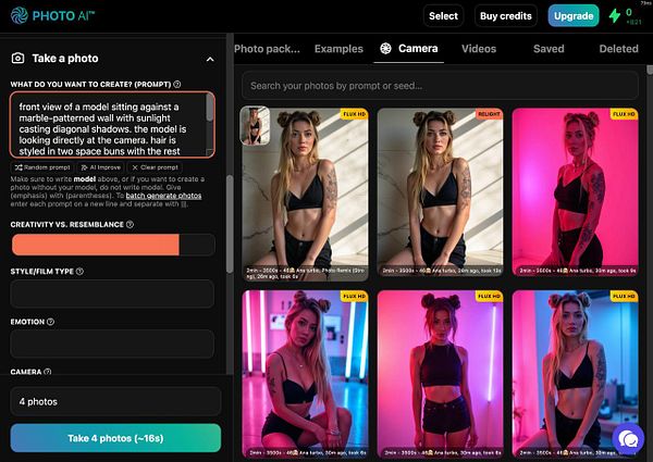 The image displays a user interface for a photo generation tool featuring a model and various photo options.