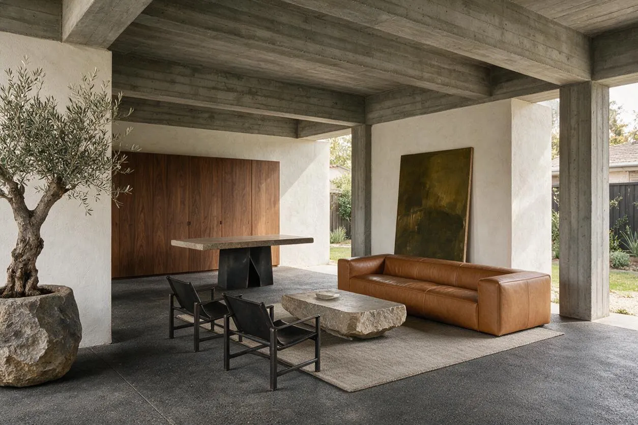 A Brutalist-style backyard seating pavilion with exposed concrete beams and columns, white plaster walls, and a dark stone floor. The space includes a tan leather sofa, black lounge chairs, a rough stone coffee table, a wood cabinet wall, and a large potted olive tree.