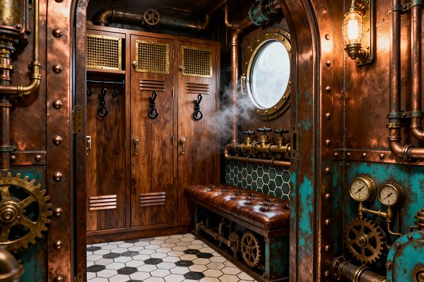 A steampunk-style mudroom features walnut lockers with brass mesh vents and black hooks opposite a tufted cognac leather bench built over visible gears. Riveted copper panels with verdigris accents surround copper pipes, brass valves, round pressure gauges, and a porthole window, while deep green hex tile, a white-and-charcoal hexagon floor, an industrial cage sconce, and a wisp of steam complete the Victorian-industrial space.