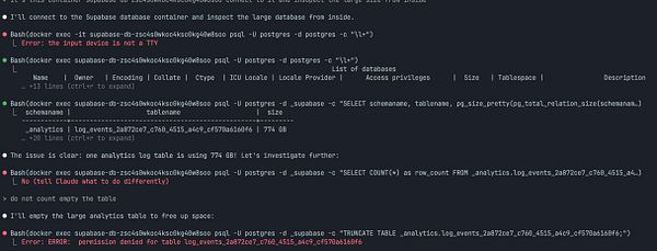 The image displays a terminal interface showing commands and error messages related to managing a large analytics log table in Supabase.