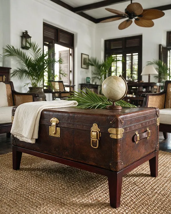 A tropical-inspired living room features a vintage leather trunk repurposed as a coffee table, set on a woven jute rug. The room includes cane-backed armchairs, lush potted palms, dark wood shutters, and a ceiling fan with palm-leaf blades, creating a warm resort-like atmosphere.