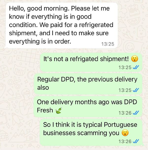 A WhatsApp conversation discussing a delivery issue with a butcher's order.