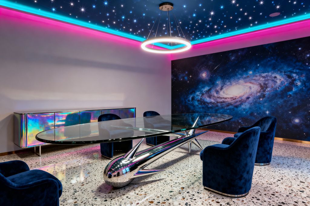A futuristic dining room features an oval glass table supported by a polished chrome, rocket-shaped base, surrounded by four deep blue velvet chairs on a speckled terrazzo floor. One wall displays a large galaxy mural, while the ceiling is painted midnight blue with tiny star lights, a glowing ring pendant, and cyan and magenta LED cove lighting. An iridescent sideboard lines the opposite wall, reflecting the colorful light for a space-inspired atmosphere.