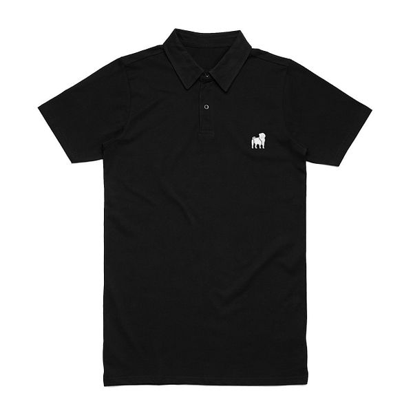 The image shows a black polo shirt with a small white embroidered dog logo on the chest.