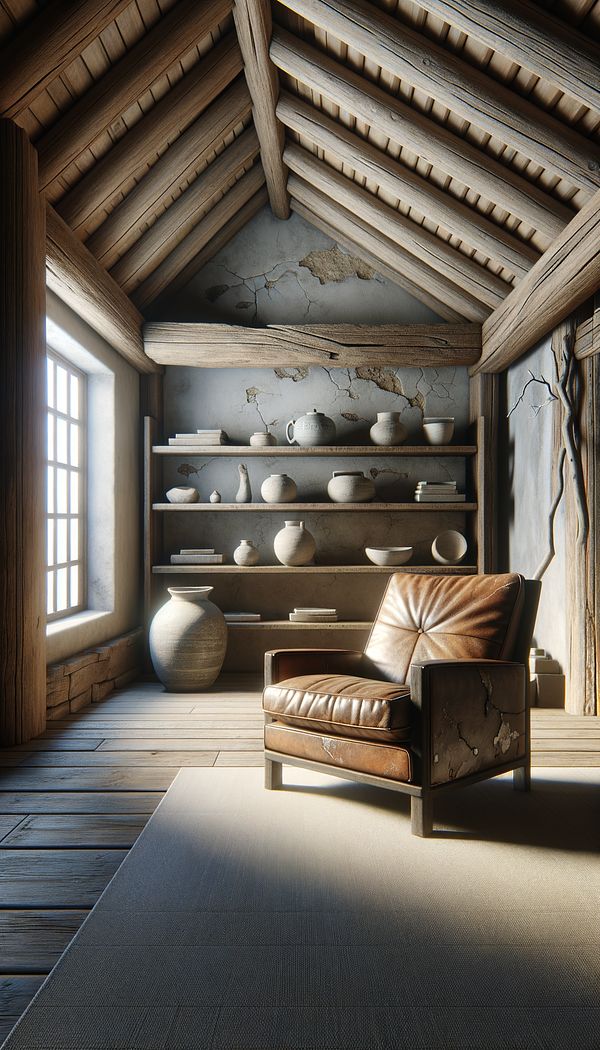 A serene, naturally lit room designed with wabi-sabi principles in mind, showcasing exposed wooden beams, a worn leather armchair, and pottery with unique imperfections on a minimalist shelf.