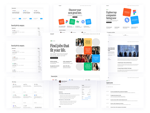 A collage of various web pages showcasing the Hirewise job board theme.