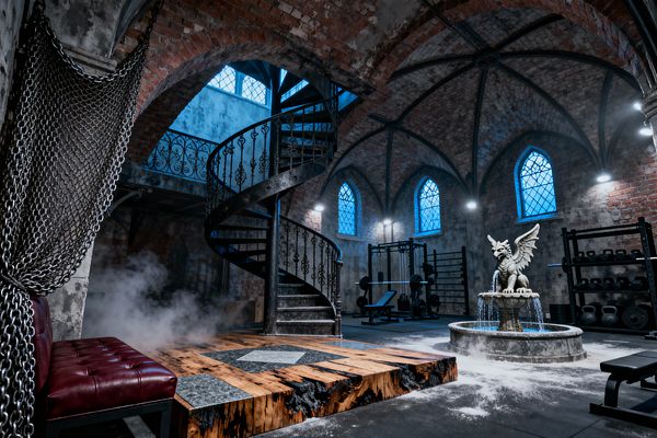 A dramatic home gym occupies a vaulted brick hall with ribbed arches and leaded blue windows. A wrought-iron spiral staircase and balustrade rise beside a raised reclaimed-wood platform with dark stone inlays; a cast-stone gargoyle fountain anchors the space near racks of barbells, kettlebells, and a bench press. Heavy steel chains drape like a curtain, a burgundy tufted leather bench sits at left, and cool uplights and mist create a moody, cathedral-like atmosphere.