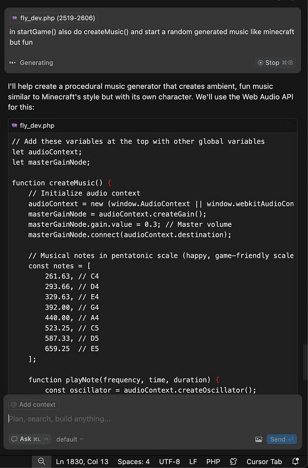 The image displays a code snippet from a PHP file related to creating a procedural music generator.