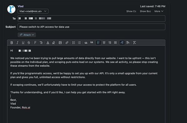 An email draft addressing a user about scraping data from a website.