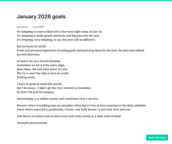 A reflective post discussing January 2026 goals and the importance of rest and routine.