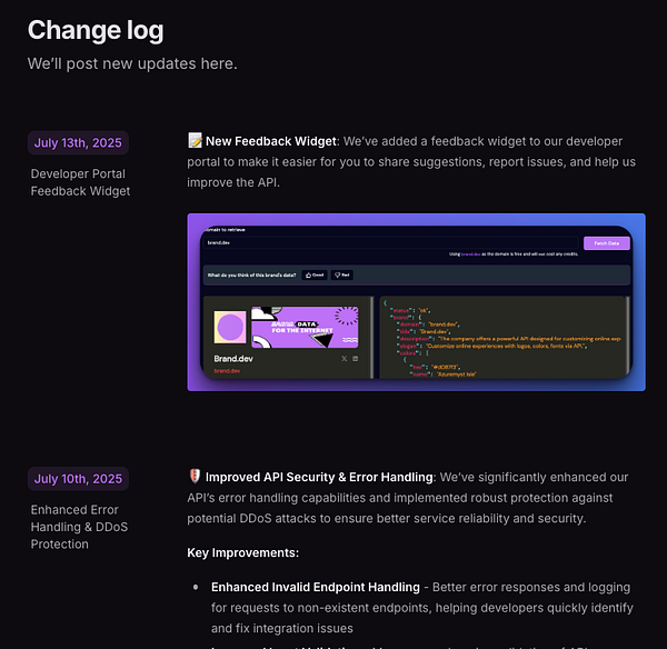 The image displays a changelog update for a developer portal, highlighting the addition of a feedback widget.