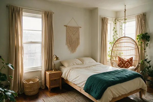 A bright bohemian guest bedroom with a simple wood bed dressed in white bedding and a dark green quilt, a brass bedside lamp on a woven nightstand, and a macramé wall hanging above the bed. Large windows with beige curtains, a rattan hanging chair with patterned cushion, woven baskets, and houseplants create a warm, relaxed atmosphere.