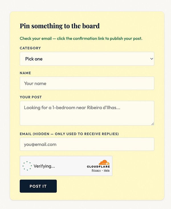 Wireframe of a confirmation email interface for ericeira.com/board, designed to ensure user consent before posting.