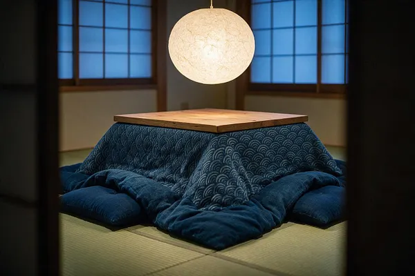 A serene Japanese Zen room with tatami flooring, a low wooden table draped in indigo patterned fabric, and plush floor cushions arranged around it. A round paper pendant light glows softly overhead, with blue-shaded shoji-style windows in the background.