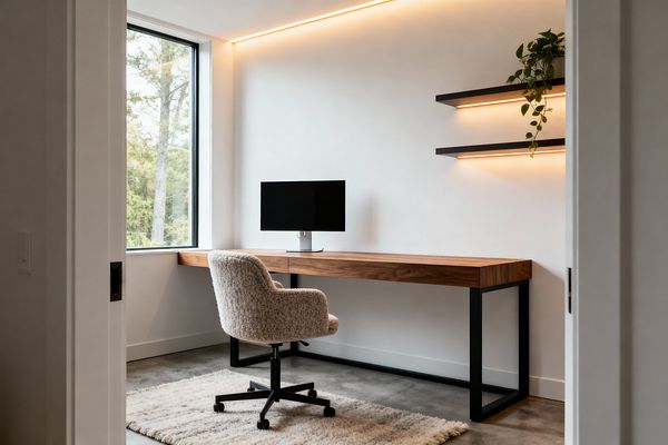 A minimalist home office with white walls features a long walnut desk on black steel legs, positioned under a large black-framed window. A cream bouclé swivel chair sits on a shag rug over polished concrete floors. Two slim, matte-black floating shelves with integrated LED strips are mounted on the right wall, and a recessed linear light at the ceiling edge casts a warm glow. A single monitor keeps the workspace clean and uncluttered.