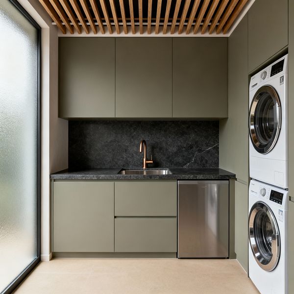 A minimalist laundry room features flat-front sage-green cabinets framing a charcoal stone countertop and full-height backsplash, centered by a stainless sink with a brushed copper faucet. At right, a stacked white washer and dryer sit beside a compact stainless-front appliance, while warm oak ceiling slats and a floor-to-ceiling frosted glass window bring soft daylight onto light beige floor tiles.