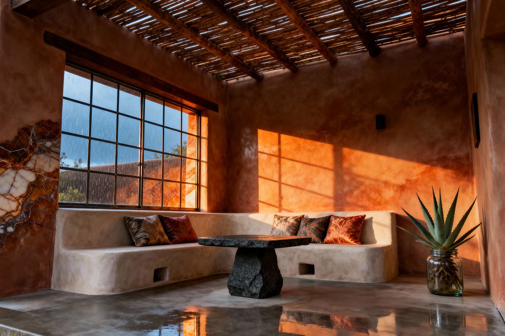 A Southwestern living room with terracotta plaster walls and a slatted wood ceiling casting striped shadows. A built-in plaster banquette curves beneath a large steel-framed window, facing a low rough black stone table on a polished concrete floor. Patterned rust and charcoal cushions line the seat, a banded onyx accent appears on the left wall, and an agave plant sits in a glass jar near the corner, creating an earthy, handcrafted feel.