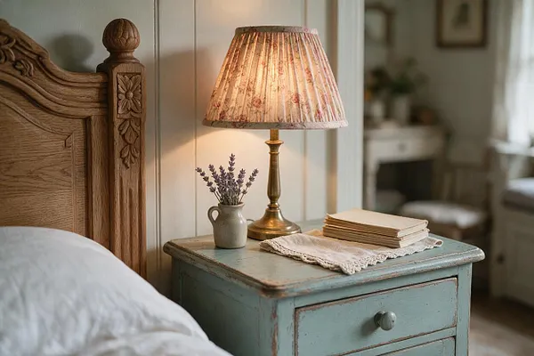A cozy cottagecore bedroom vignette features a carved wooden bed frame beside a distressed blue bedside table. The table holds a brass lamp with a floral pleated shade, a small vase of lavender, and neatly stacked books on a lace cloth.