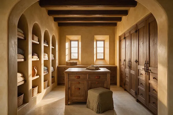 A Mediterranean-style closet with plaster walls, arched shelving niches, exposed dark wood ceiling beams, and tall wooden wardrobes on the right. A central wooden island with drawers sits beneath two narrow windows, while woven baskets, folded textiles, and a small upholstered stool add texture and warmth.