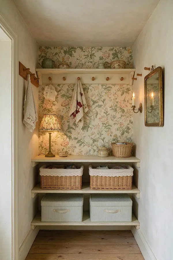 A narrow closet styled in cottagecore fashion with floral wallpaper, painted open shelves, wicker baskets, and fabric storage boxes. A small table lamp, hanging textiles, a mirror, and candle sconces create a warm, vintage-inspired feel.